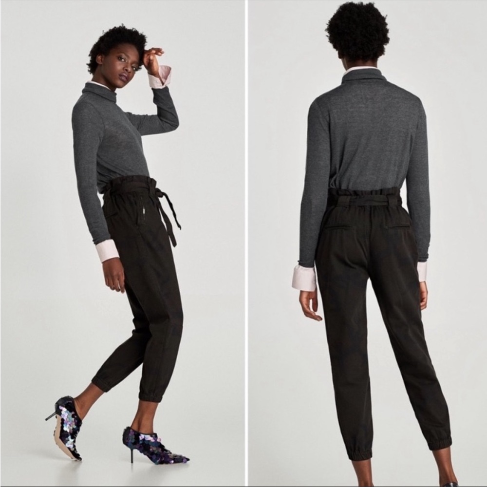 ZARA HIGH WAIST PAPER BAG CAMO JOGGER PANTS